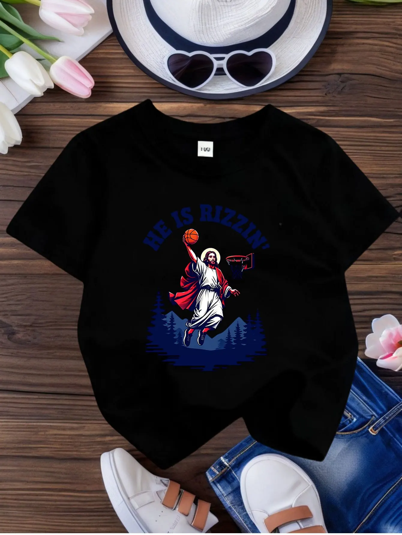 He Is Rizzin Jesus Playing Basketball Graphic Kids T Shirt Boys Girls Family Matching Parent Child Summer Crew Neck Casual Tee