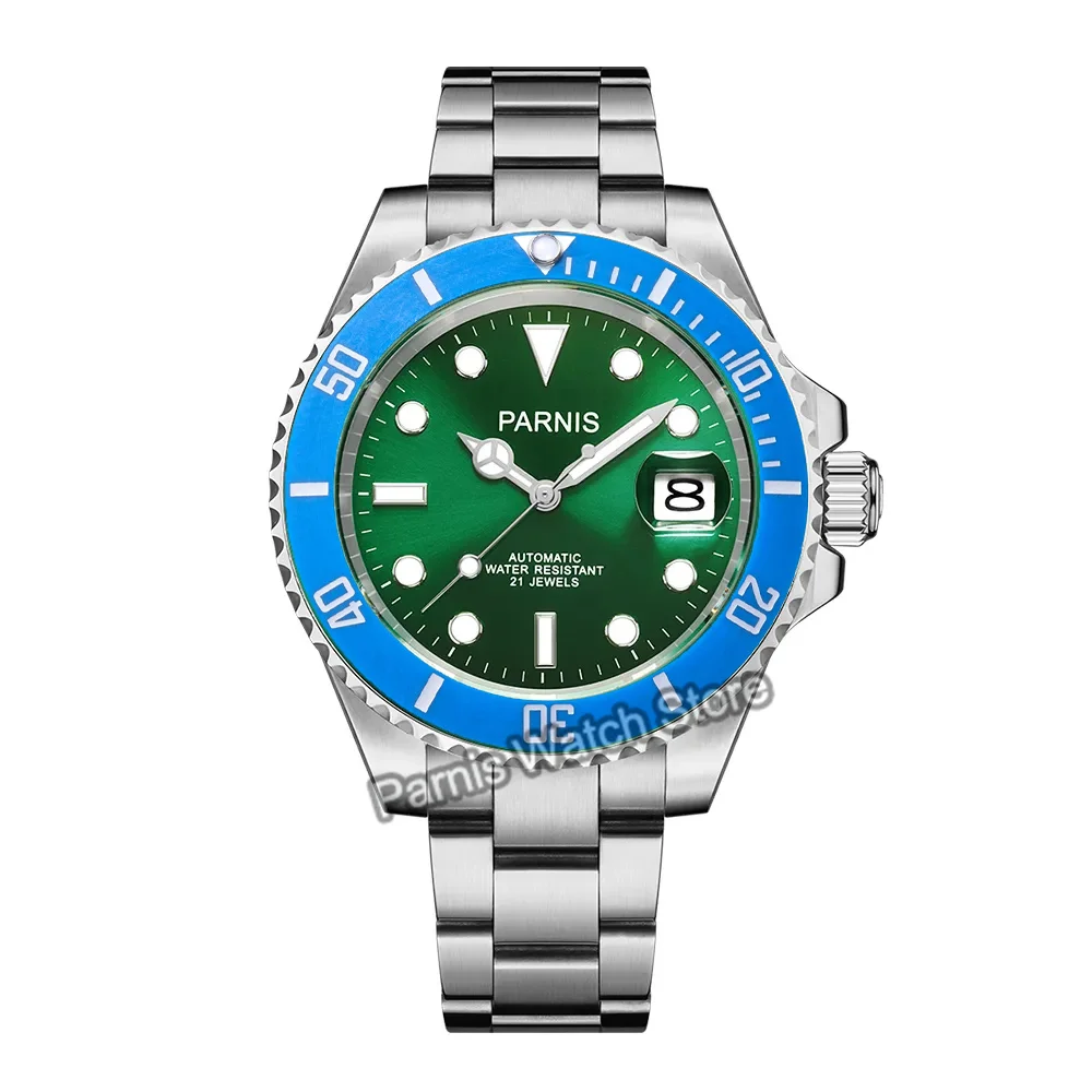 Parnis 40mm Sapphire Glass Automatic Green Dial Luminous Marker Carbon FiberBezel Men Boy Luxury Watch