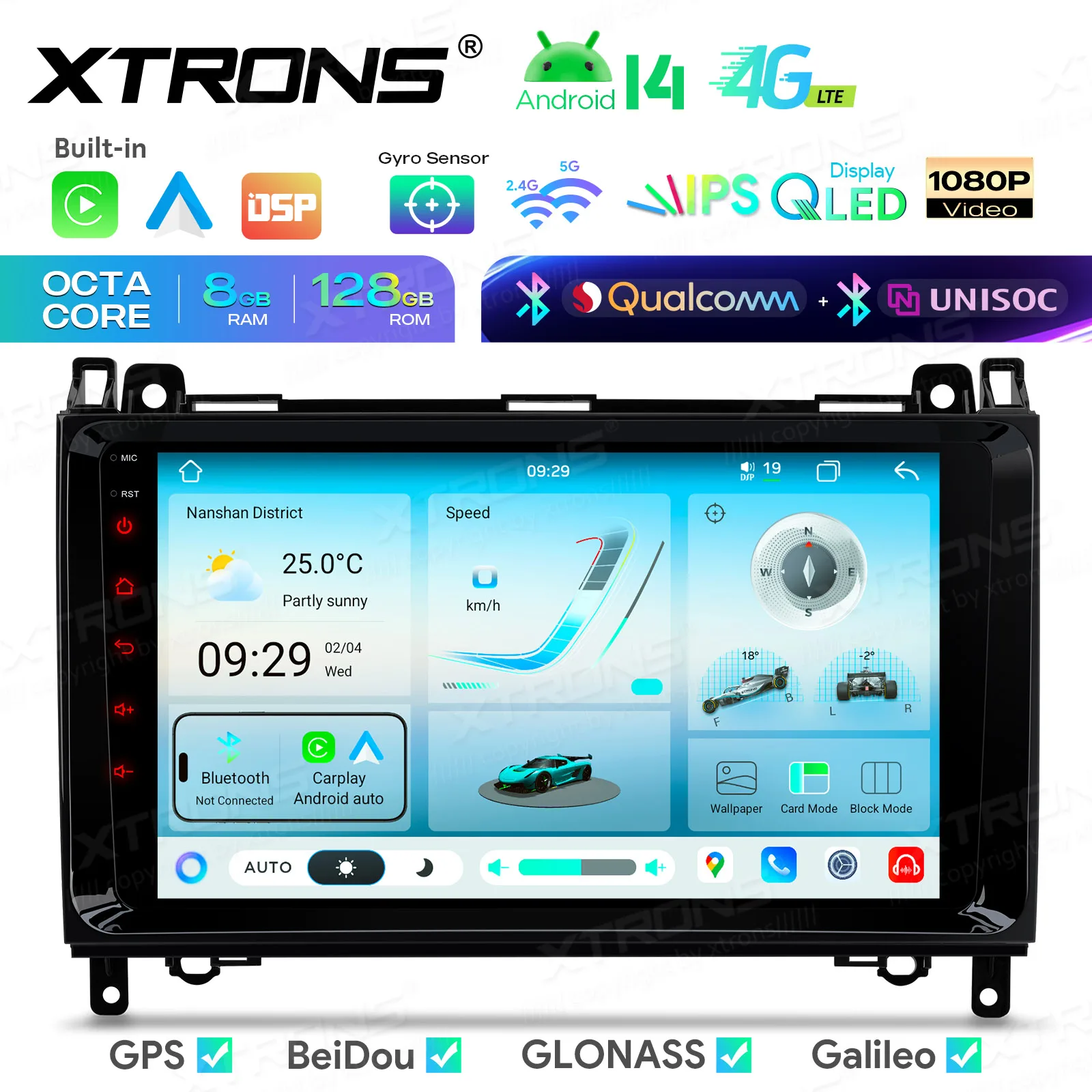 XTRONS 9'' Android 14 autoradio met multimediafuncties voor Benz W245 W169 Viano Vito W639 Sprinter W906 VW Crafter, met Carplay, 4G, GPS en DSP.