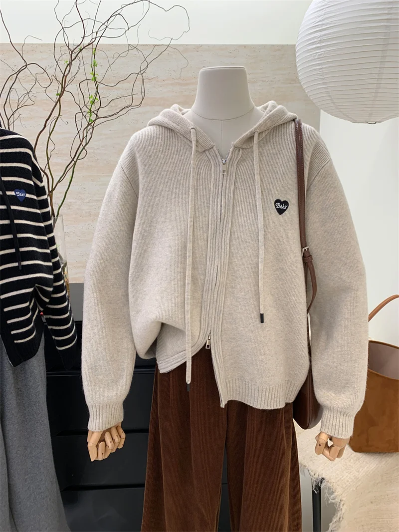 

Embroidered Heart Design Double Zipper Open Cardigan Knitted Sweater Women's Outerwear Casual Style Long Sleeve