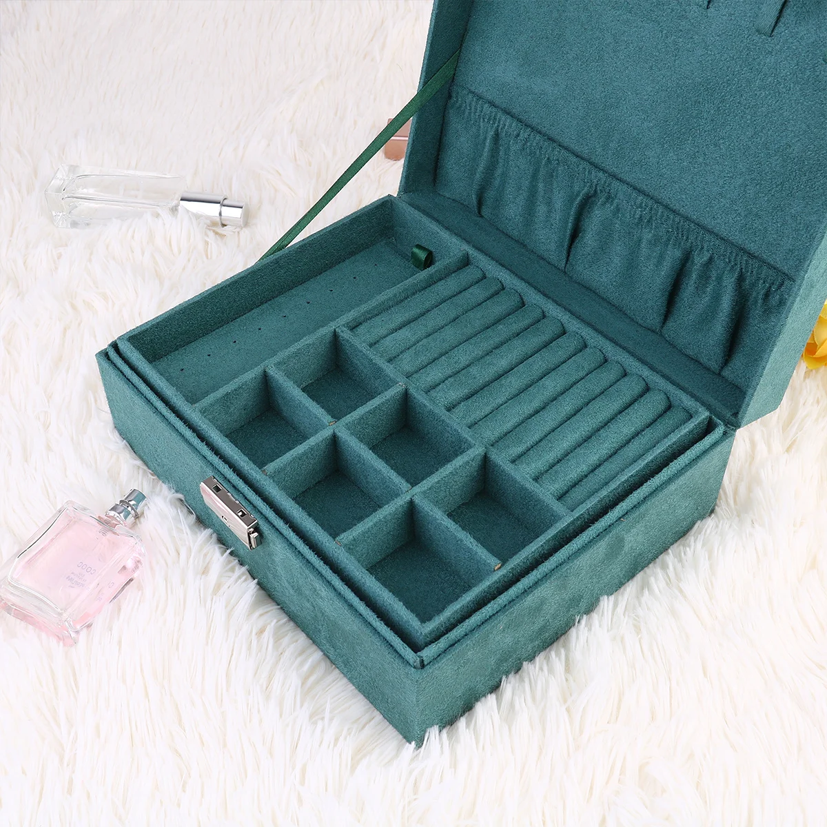 

1Pcs Jewelry Box Lockable Dark Green Organizer Case Large Capacity for Necklaces Rings Earrings Storage Container