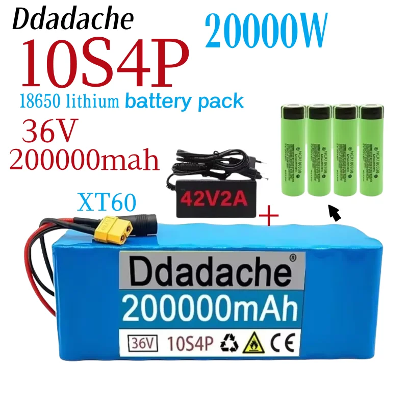 

100%original New 36V 10s4p 200Ah 20000W large capacity 18650 lithium battery pack bicycle with BMS XT60 plug18650