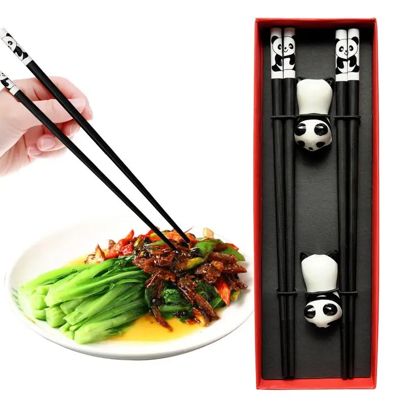 Yeniden Kullanılabilir Yemek Çubukları Panda Yeniden Kullanılabilir Yemek Çubuğu Seti Seramik Tutucular ile 2 Çift Yemek Çubukları 9.4 Inç Kaymaz Bulaşık Makinesinde Yıkanabilir