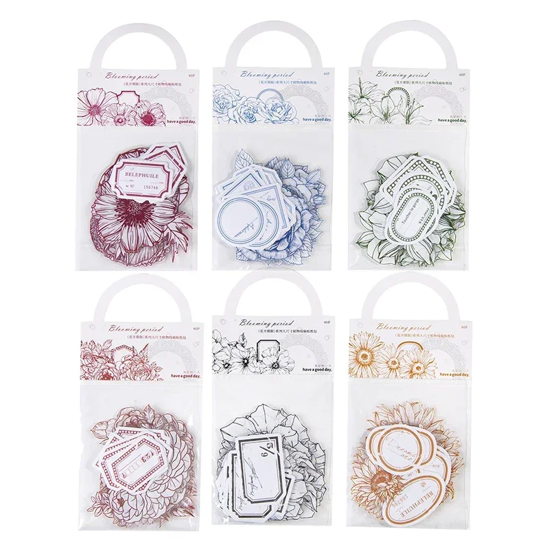 40pcs Plant Line Drawing PET Pack Sticker Pack for DIY Handbook Collage Backing Decoration Label Stickers Album DIY Scrapbooking