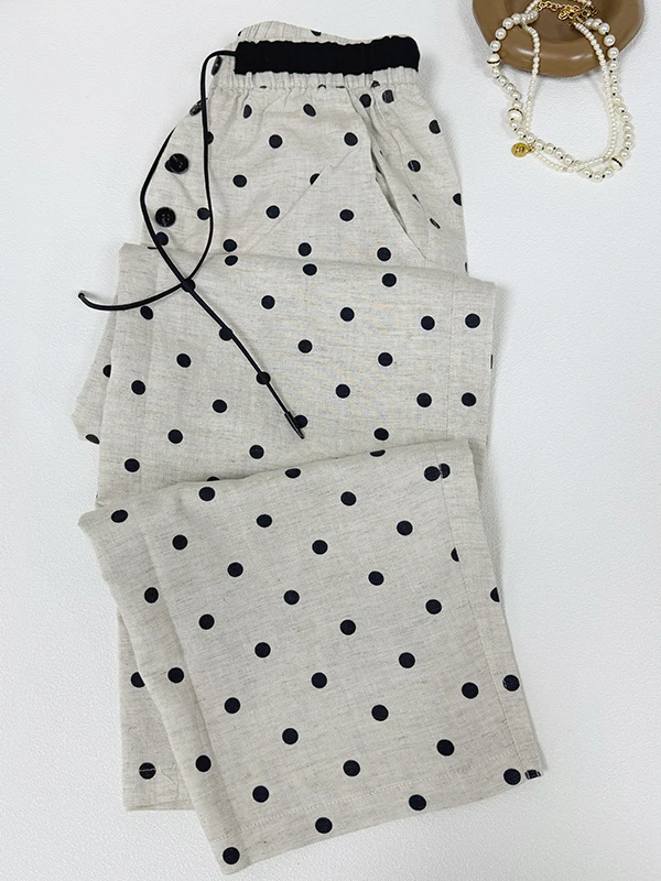 

Artistic Polka Dot Cotton Linen Wide Leg Pants Women Summer Color Block High Waist Belt Casual Loose Feeling Straight Leg Tro...