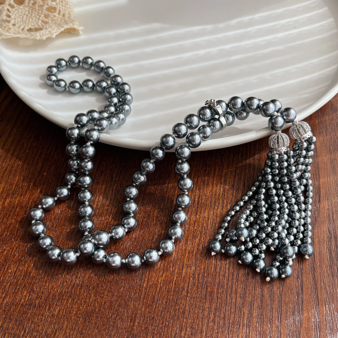 Premium platinum gray sea bead fringed sweater chain imitation pearl dark night long necklace versatile adjustable