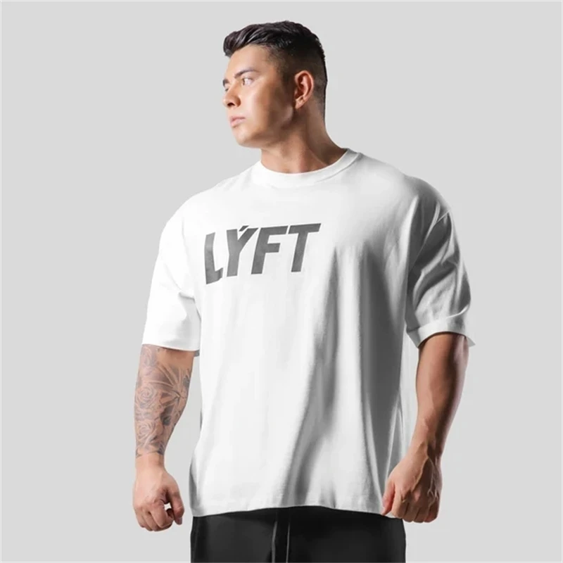 LYFT Summer Men T Shirt Letter GYM Print Mens Oversize Hip Hop Short Sleeve Casual Cotton Mens Streetwear Top Tees Active Shirt