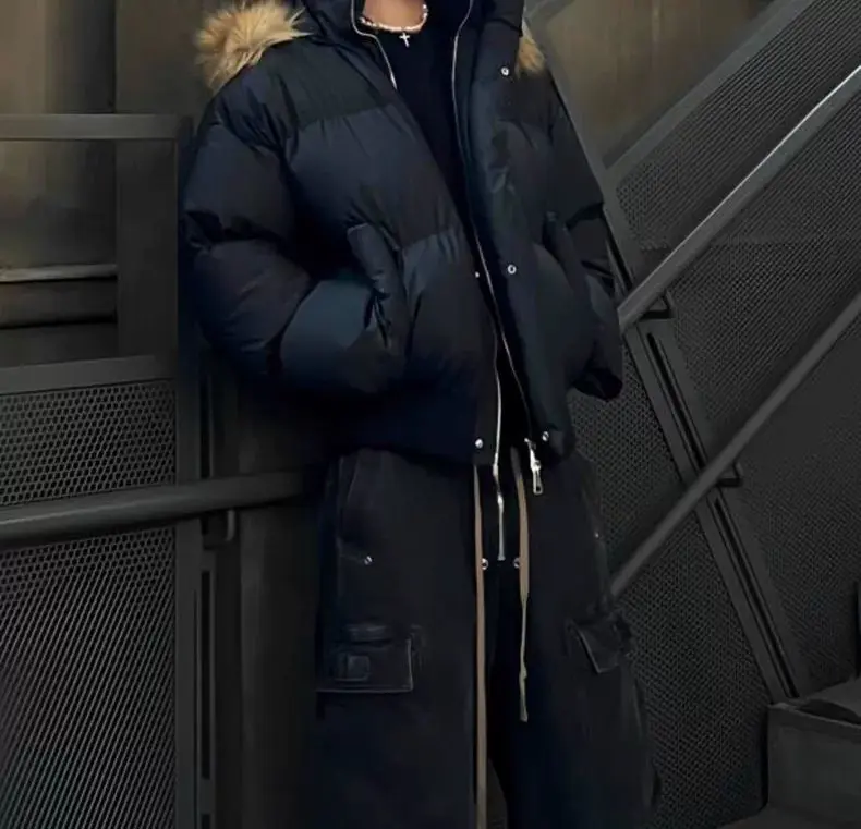 Fur Collar Hooded Men Coats Winter American High-Street Puffer Retro Jackets Warm Thickened Loose Outerwear Punk Emo Subculture