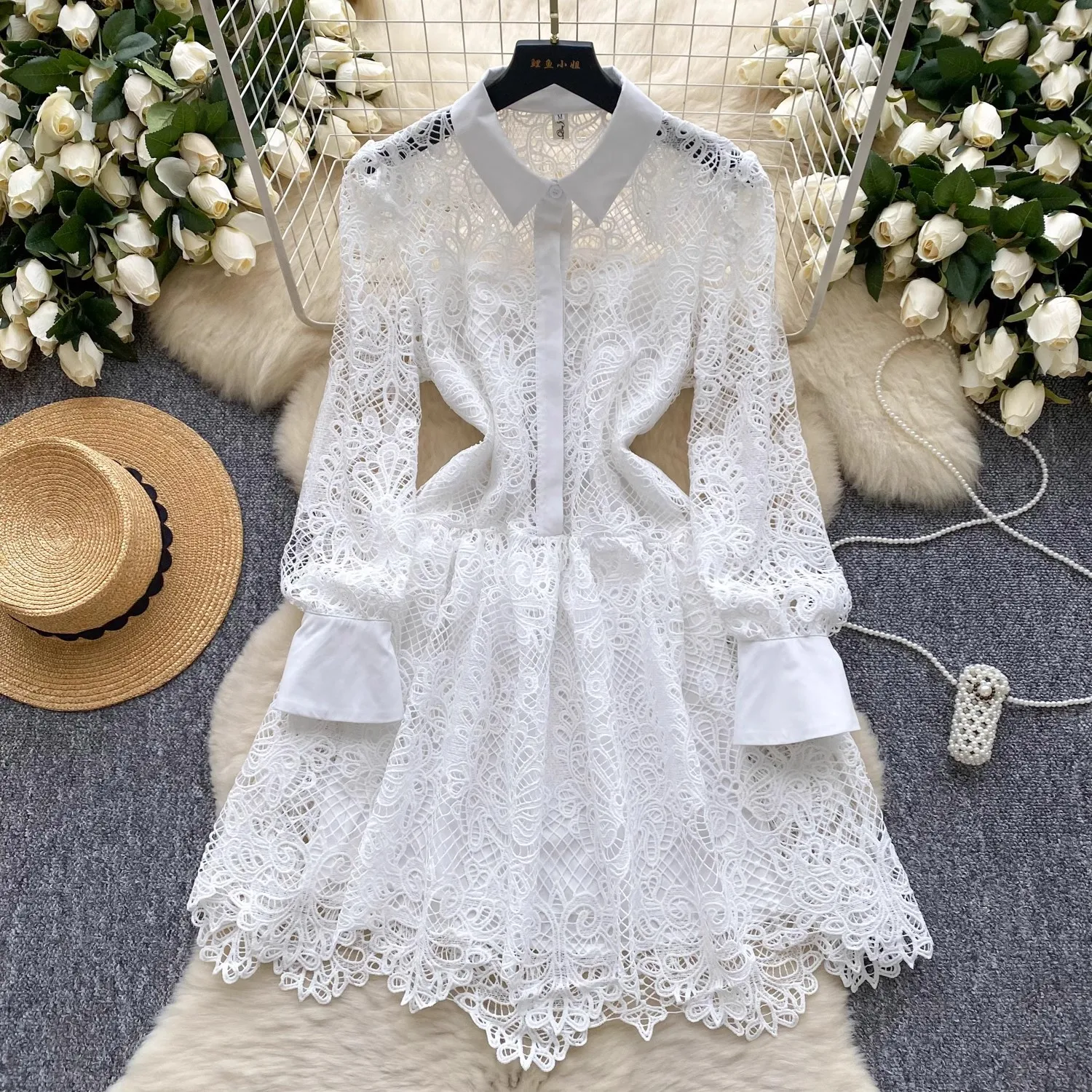 New Spring Autumn White Lace Hollow Out Shirt Dress Vintage Women's Lapel Single Breasted Spliced Long Sleeve Short Party Dress