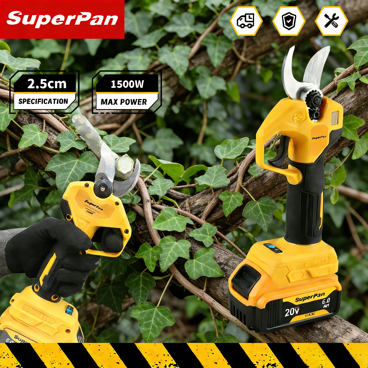 

SuperPan Orchard High Torque Cordless Electric Pruning Shears Brushless 1500W 4 Gears Anti-Rust SK5 Blade for Dewalt 20V Battery