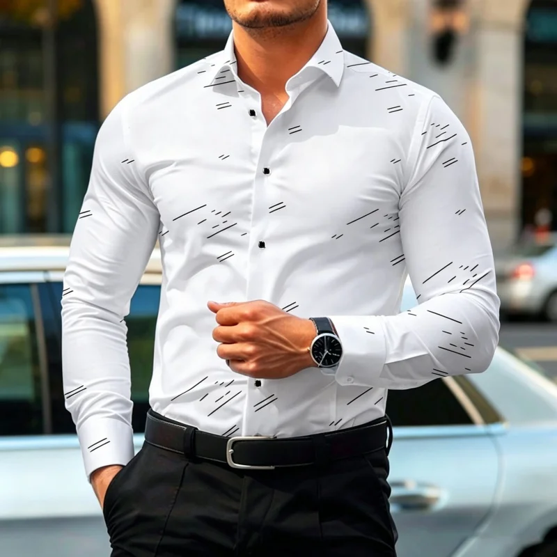 Men's Geometric Line Print Slim Fit Dress Shirt Long Sleeve Business Casual Party Tops