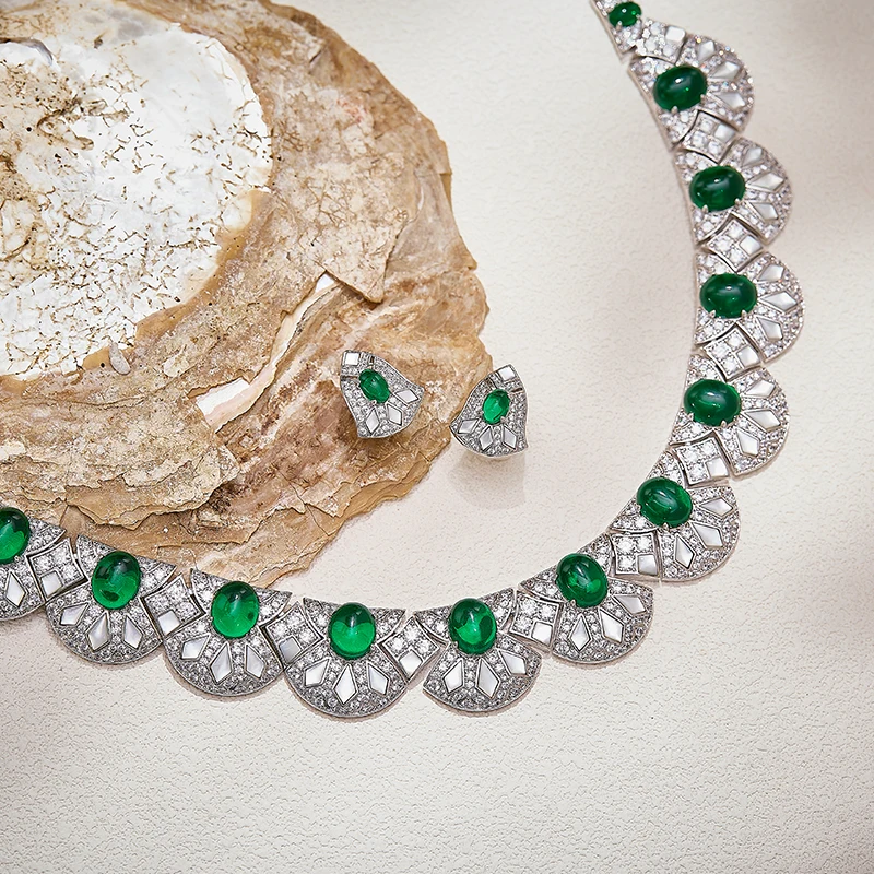 Designer Collection Style Earrings Necklace Women Lady Inlay AAA Cubic Zircon Mother Of Pearl Red Green Beads Party Jewelry Sets