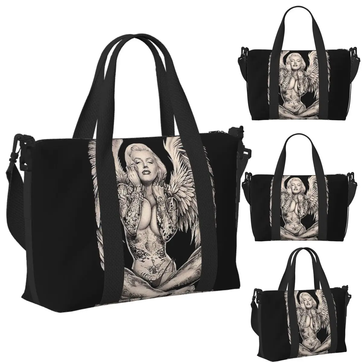 

Custom Marilyn Vintage Abstract Tattooed Angel Beach Travel Bag Tote Bags for Gym Yoga Women Shopping Duffle Shoulder Bag