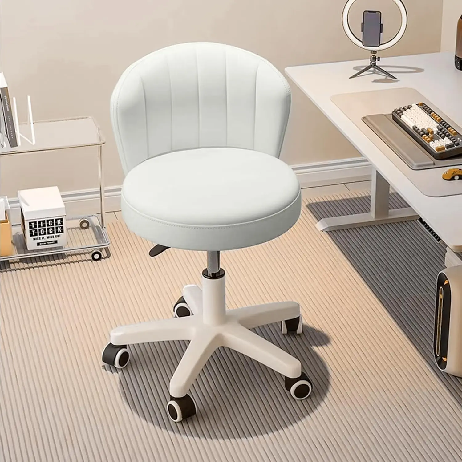 

Small Desk Chair Round Rolling Chair with Back PU Leather Height Adjustable Swivel Vanity Work Computer Stool Chair for Home