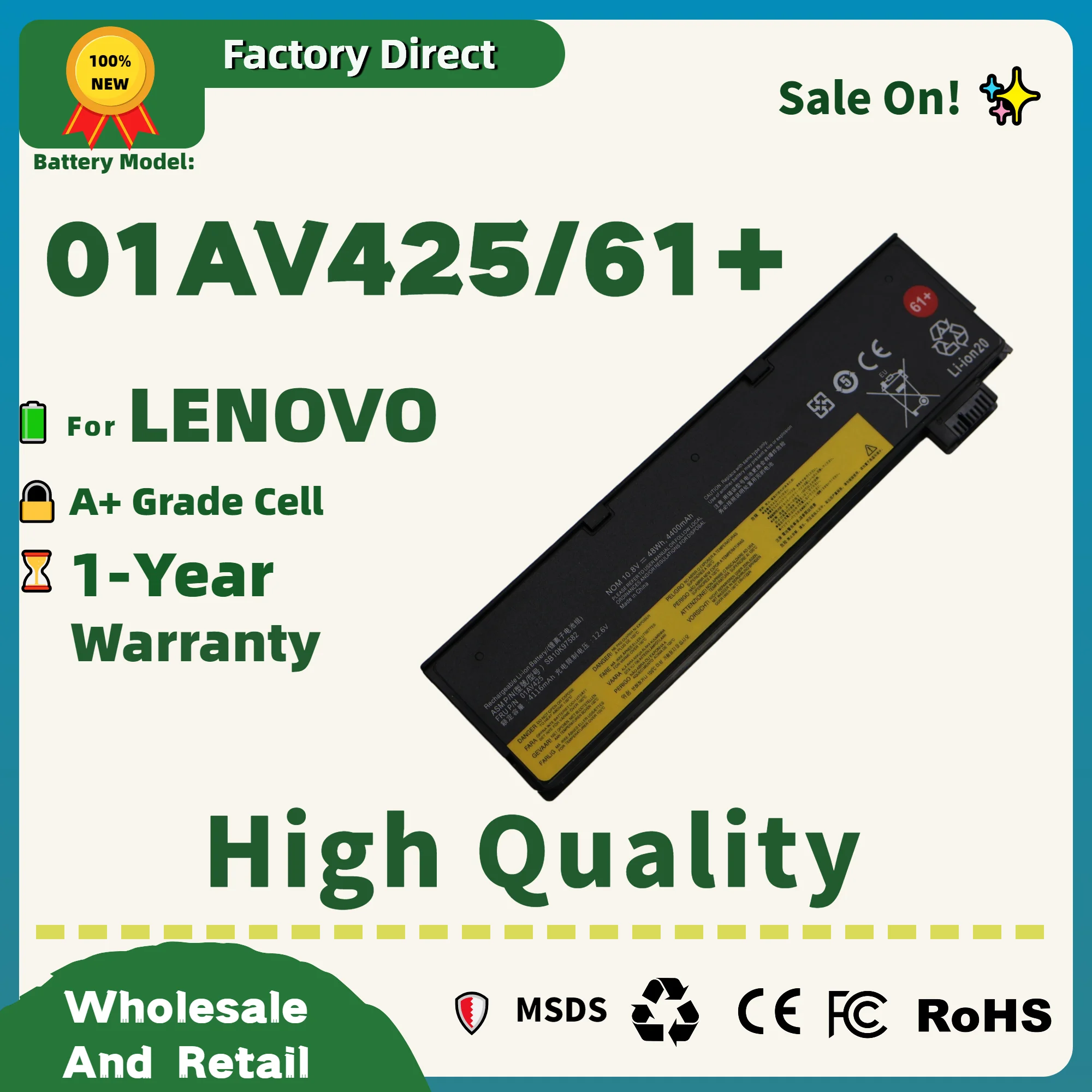 Factory Direct!  61+ 01AV425 For Lenovo ThinkPad P51S 01AV490 T570 T580 A475 A485 TP25 4X50M08810 T470 T480 P52S Battery 01AV422