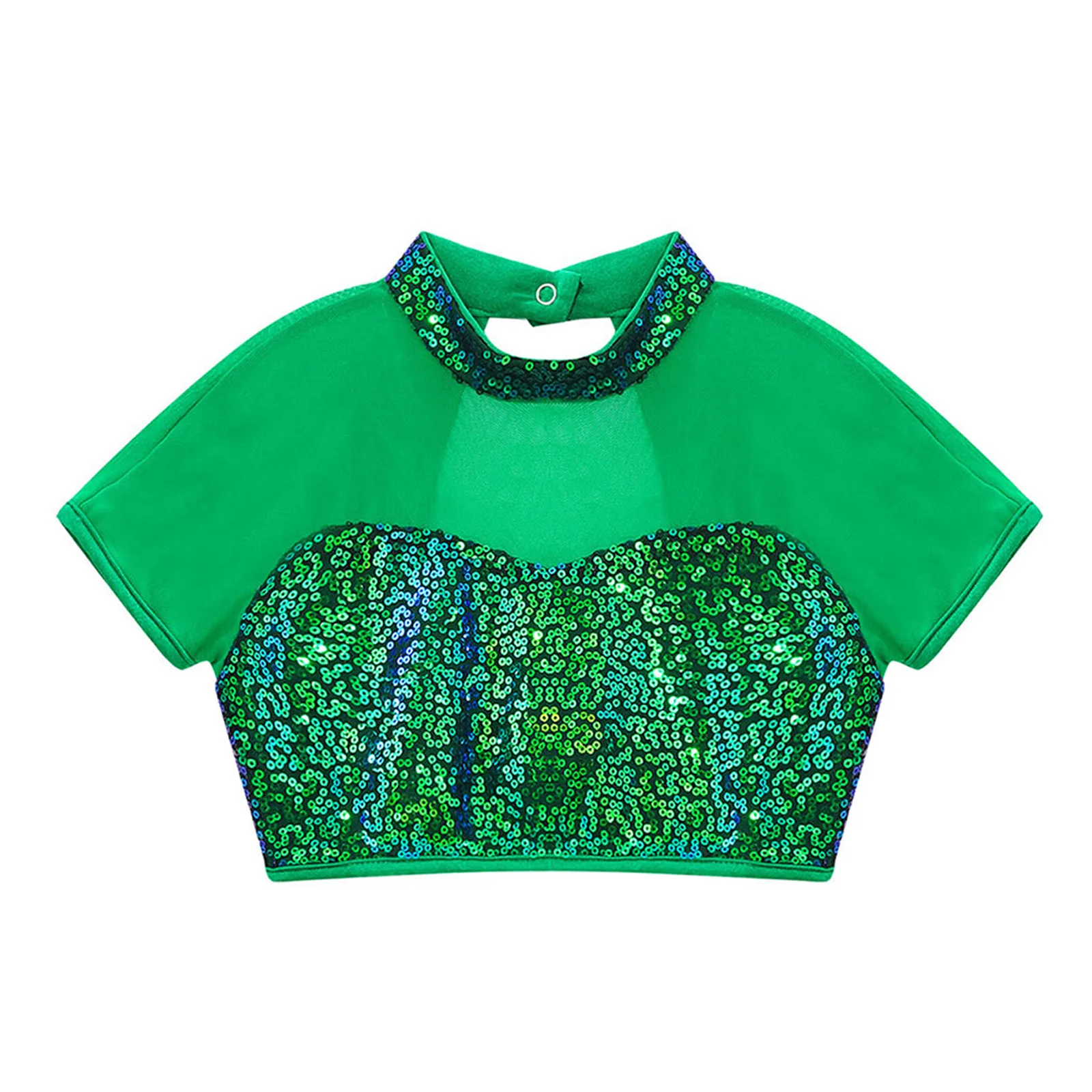 

Kids Girls Crop Top Sequins Adorned Mock Neckline Short Sleeve Mesh Cutout Back Gymnastics Workout Top Figure Skating Dancewear