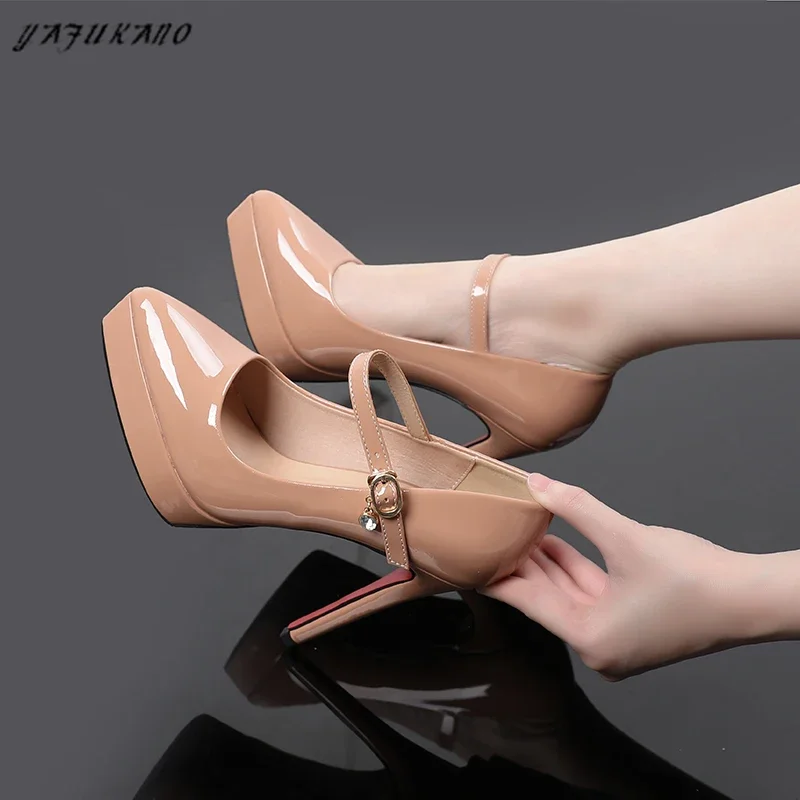 Ladies Pumps One Word Buckle Thin Heels Platform Super High Heels Nude 12cm Pointed Patent Leather Sexy Party Wedding Shoe 32 33