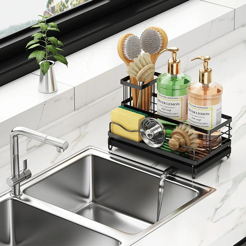 Sink Drain Rack Kitchen Organizer Rag Sponge Storage Holder With Drain Tray Soap Detergent Storage Basket Kitchen Accessories  ﻿