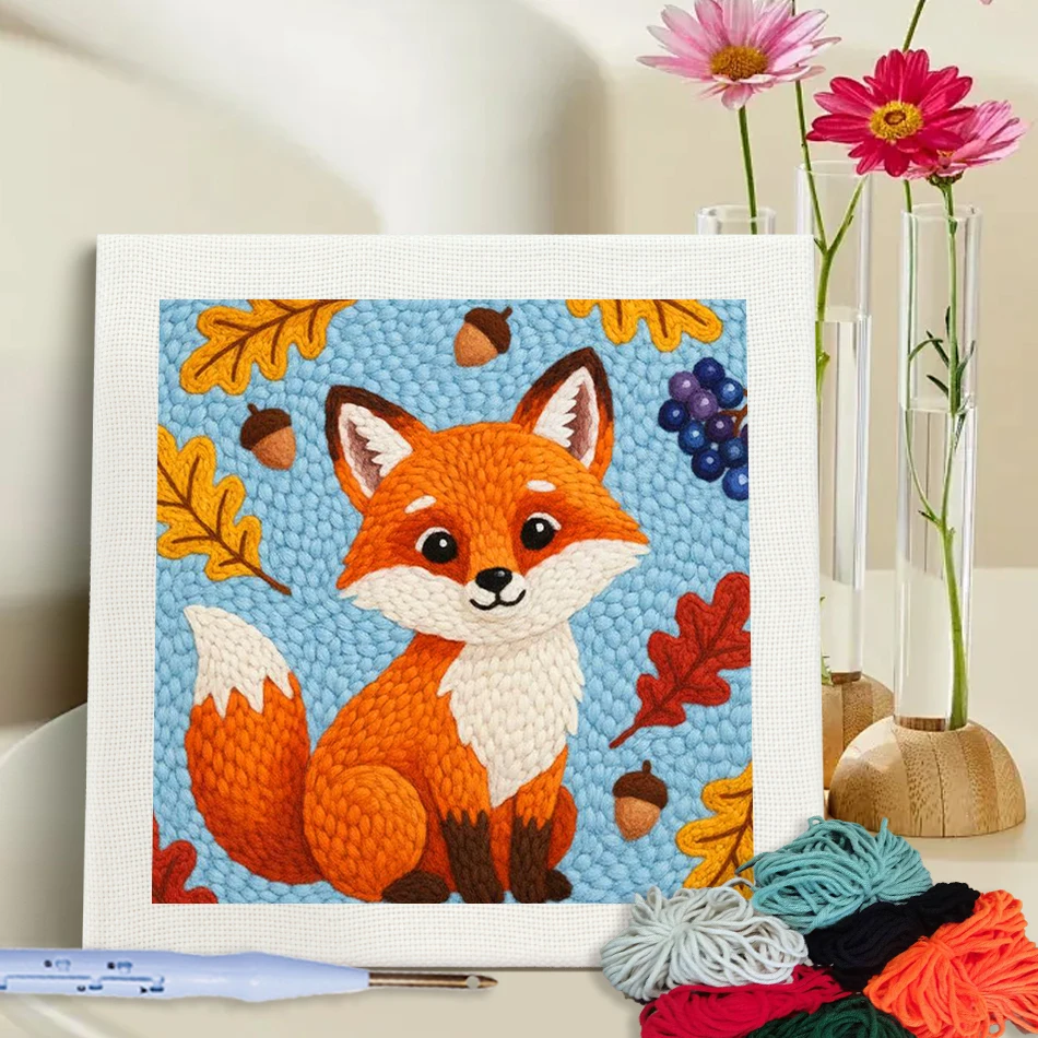 GATYZTORY punch needle embroidery fox Yarn Whimsical Embroidery 25x25cm wooden embroidery hoops Sewing diy kit Dopamine Decor