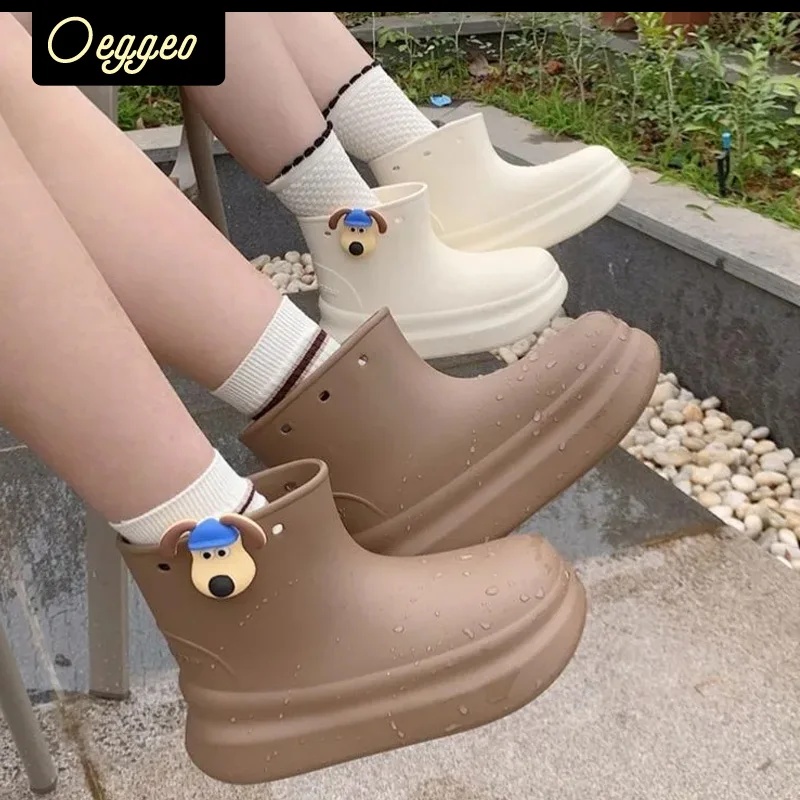 

oeggeo Women's outdoor rain shoes thick soles waterproof and non-slip glue shoes universal puppy rain boots