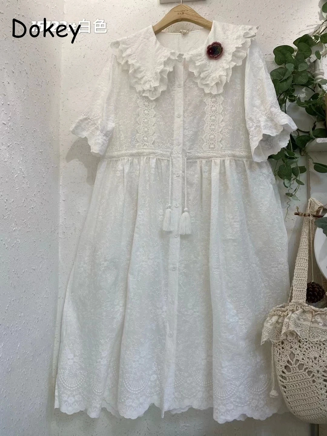 Women\'s Vintage White Hollow Out Dress Summer Japanese Mori Girl Lace Ruffled Turn-down Kawaii Dress Loose Cotton Linen Vestidos