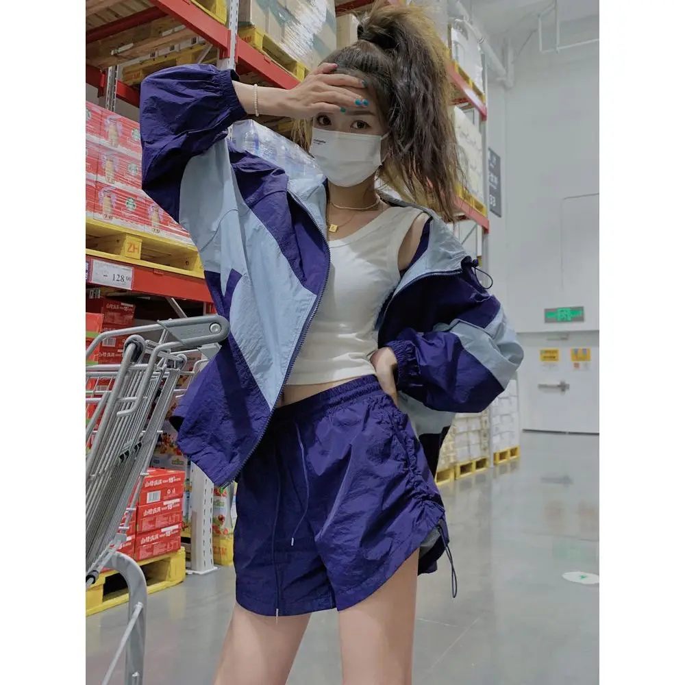 Y2K Women Jacket Sports Color Blocking Hooded Sunsuit Women Summer Trend Street Casual Thin Top UV Cardigan Sunwear Coat New