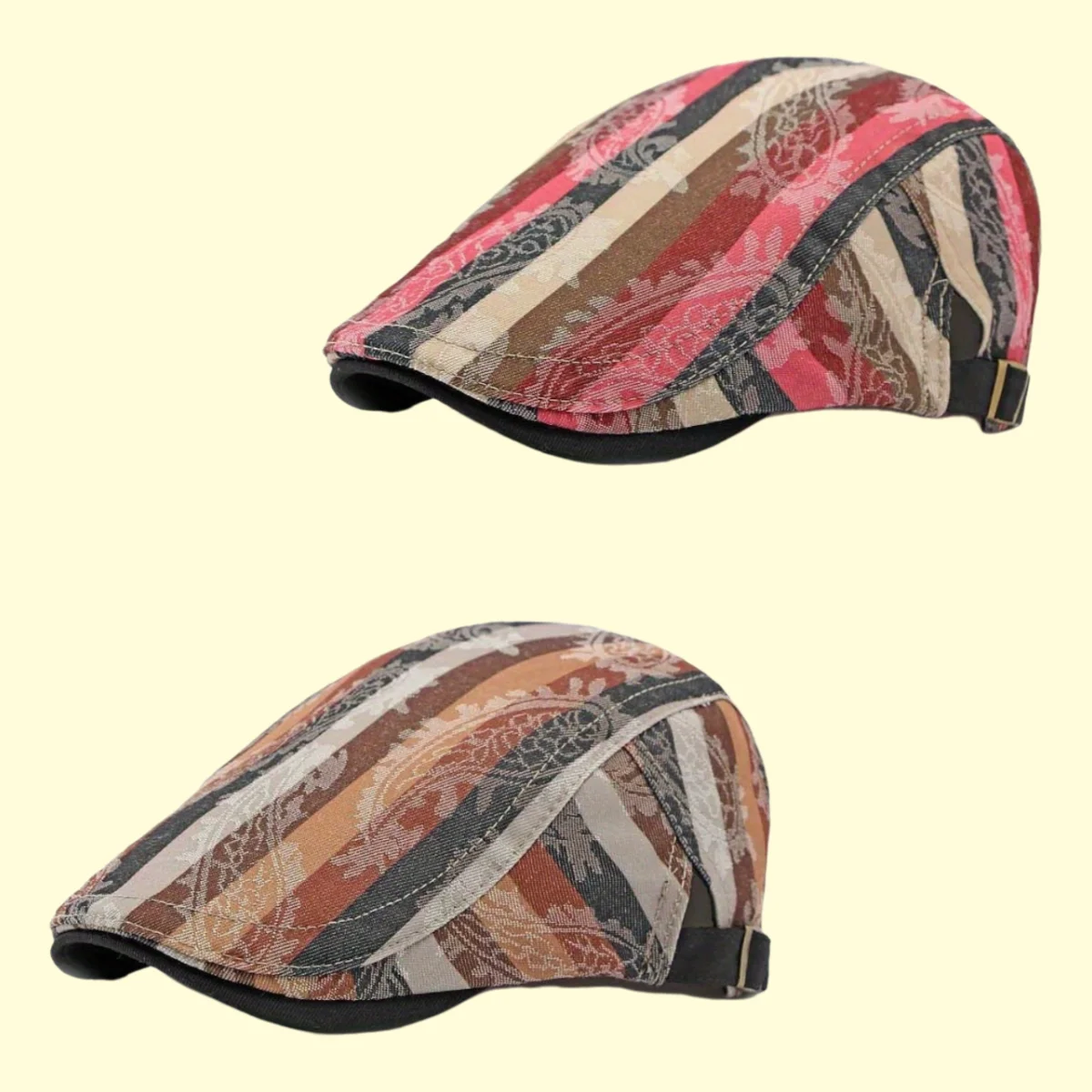 

Patchwork Stripes Flat Top Hat Men and Women Street Trend Painter Beret Spring Personalized British Retro Style Newsboy Cap