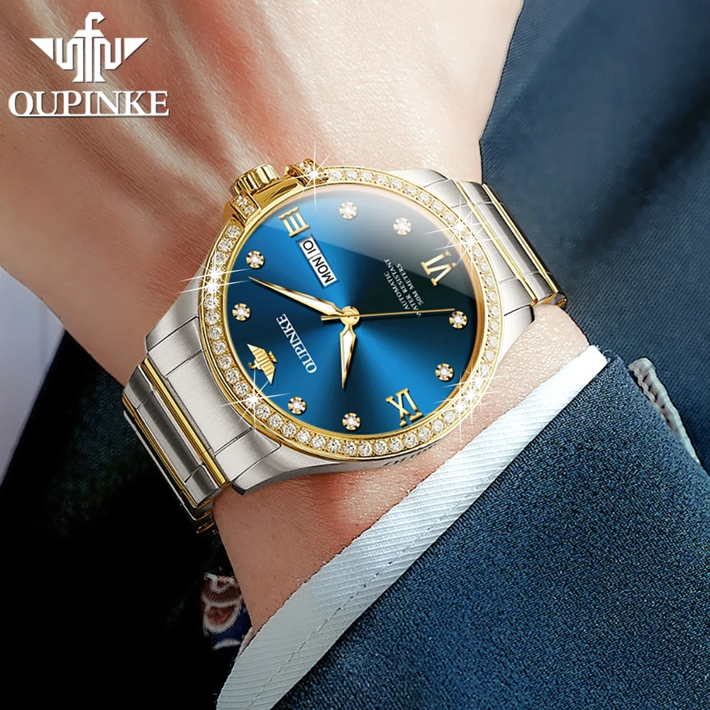 ساعات رجالية OUPINKE فاخرة من الفولاذ الناعم ساعة ميكانيكية أوتوماتيكية أصلية للرجال إطار ماسي مقاوم للماء تاريخ مضيء