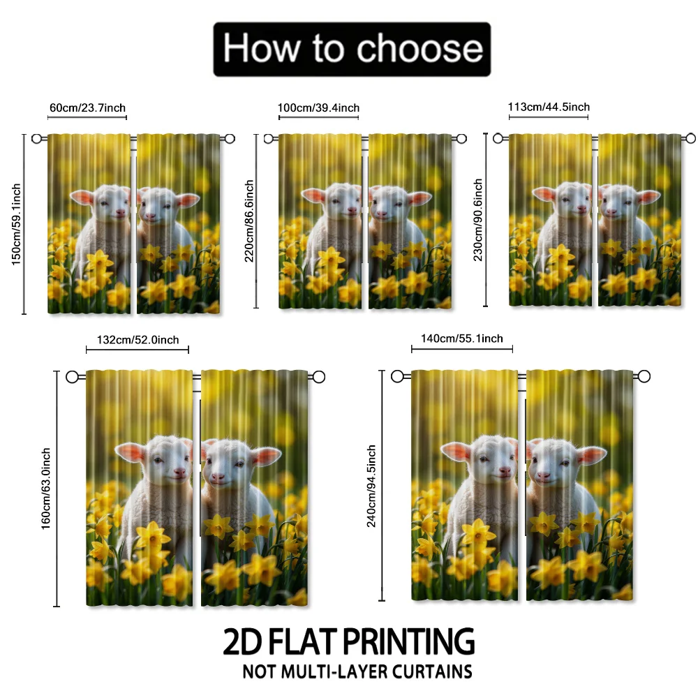 Lamb and Narcissus Design Print Drapes Room Darkening Window Curtains for Home Decor,Rod Pocket Blackout Curtains Bedroom