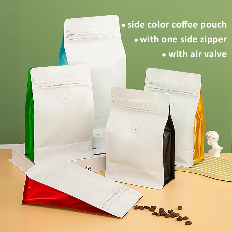 50pcs Wholesale Aluminum Foil Side Color Coffee Bag with Valve and Zipper Plastic Packaging Flat Bottom Pouch for Food Storage