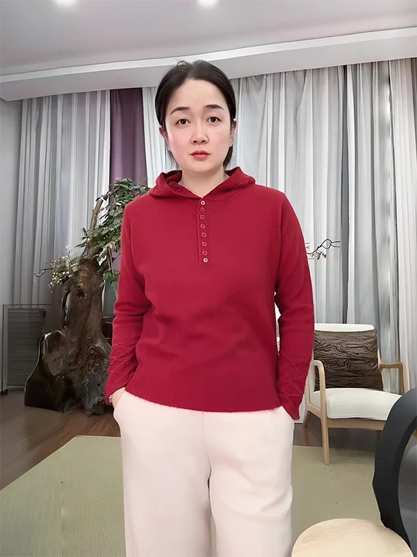 

Red Knitted Woolen Sweatirt with Hood Hollow out Design Casual Sle Women's Winter Faion Thiened Chinese Brand Ladies'...