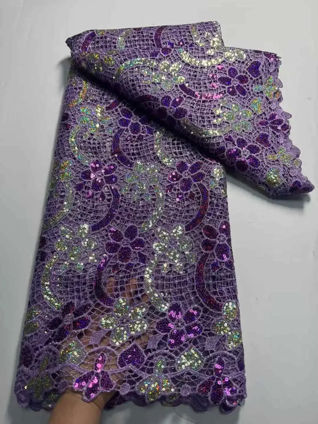 

High Quality Multicolor Sequins Embroidery African Cord Swiss Voile Lace French Guipure Fabric Water Soluble Lace for Sewing 369