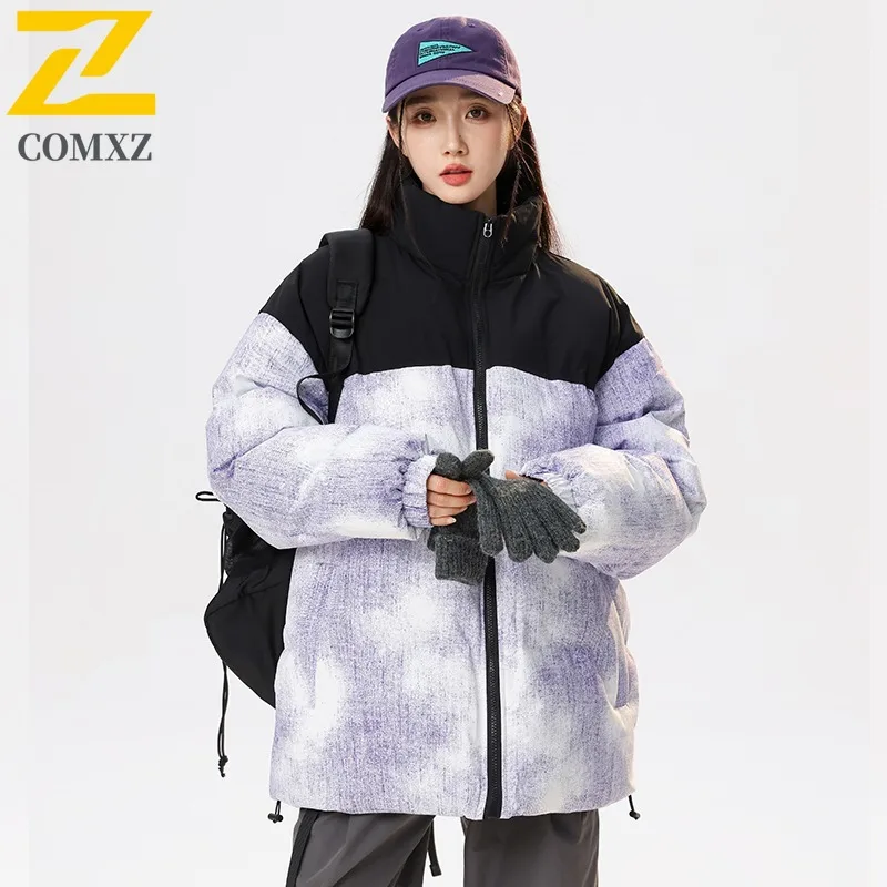 COMXZ 2025 Winter Stand Collar Color Block Padded Coat Unisex Casual Sports Outwear Candy Color Trendy Warm Couple Jacket
