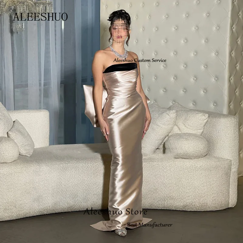 Aleeshuo Saudi Atrabia Mermaid Prom Dress Taffeta Strapless Sleeveless Formal Pleated Open Back With Bow Party Dress Customized