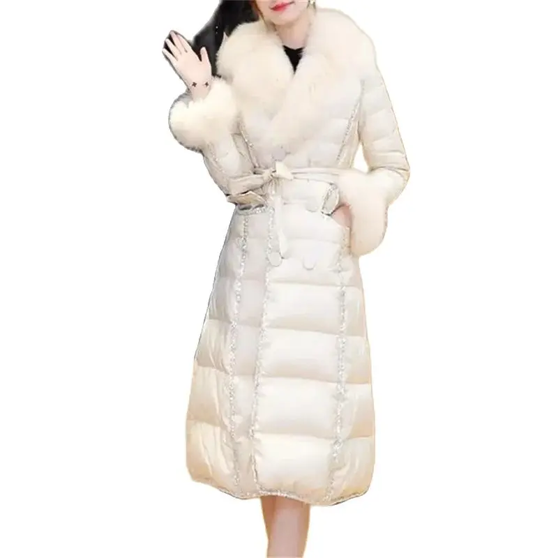 

White Down Cotton Jacket Women's Medium-Length Winter Jacket 2022 New Female Waist Slimming Thickened Warm High-end Fashion Coat