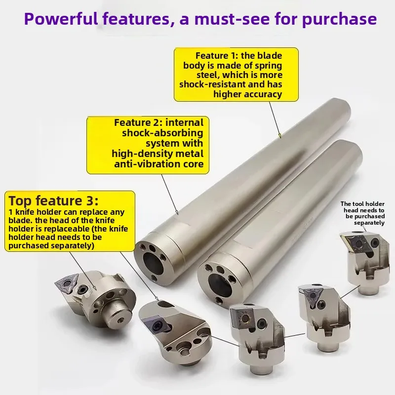 Heavy Cutting Anti-Vibration Boring Bar, Indexable Replaceable Head Large Inner Hole Turning Tool Compatible MWLNR SCLCR