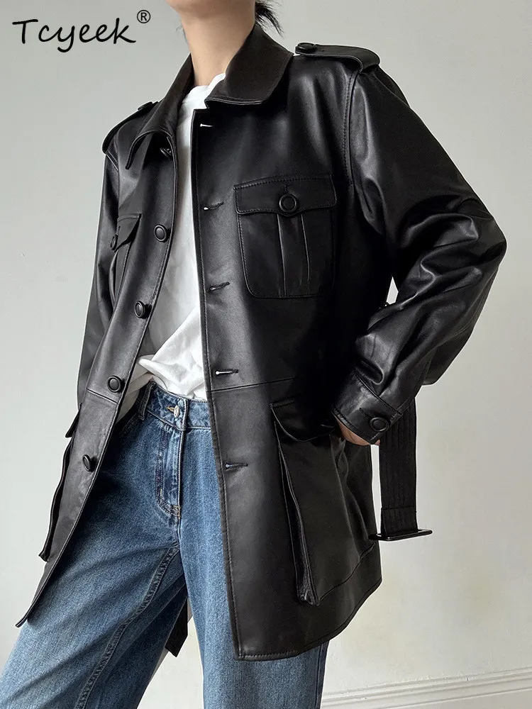 Tcyeek Echtes Leder Jacke Frauen Herbst Kleidung Echte Schaffell Mäntel Frau Gürtel Mid-länge Graben Mantel Halb Gemüse Bräunung