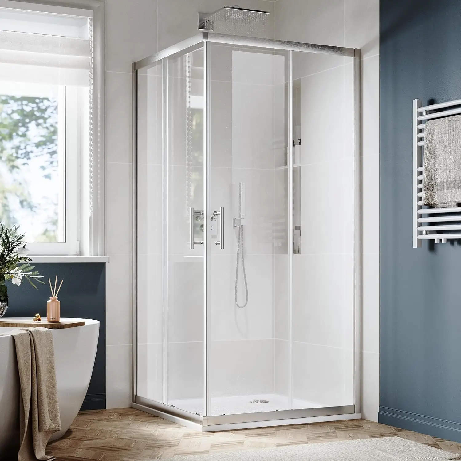 

Corner Shower Glass Door 34" D x 34"W x 72"H, Double Sliding Glass Door with 2 Fixed Panels, 1/4" Clear Tempered Glass Shower Do