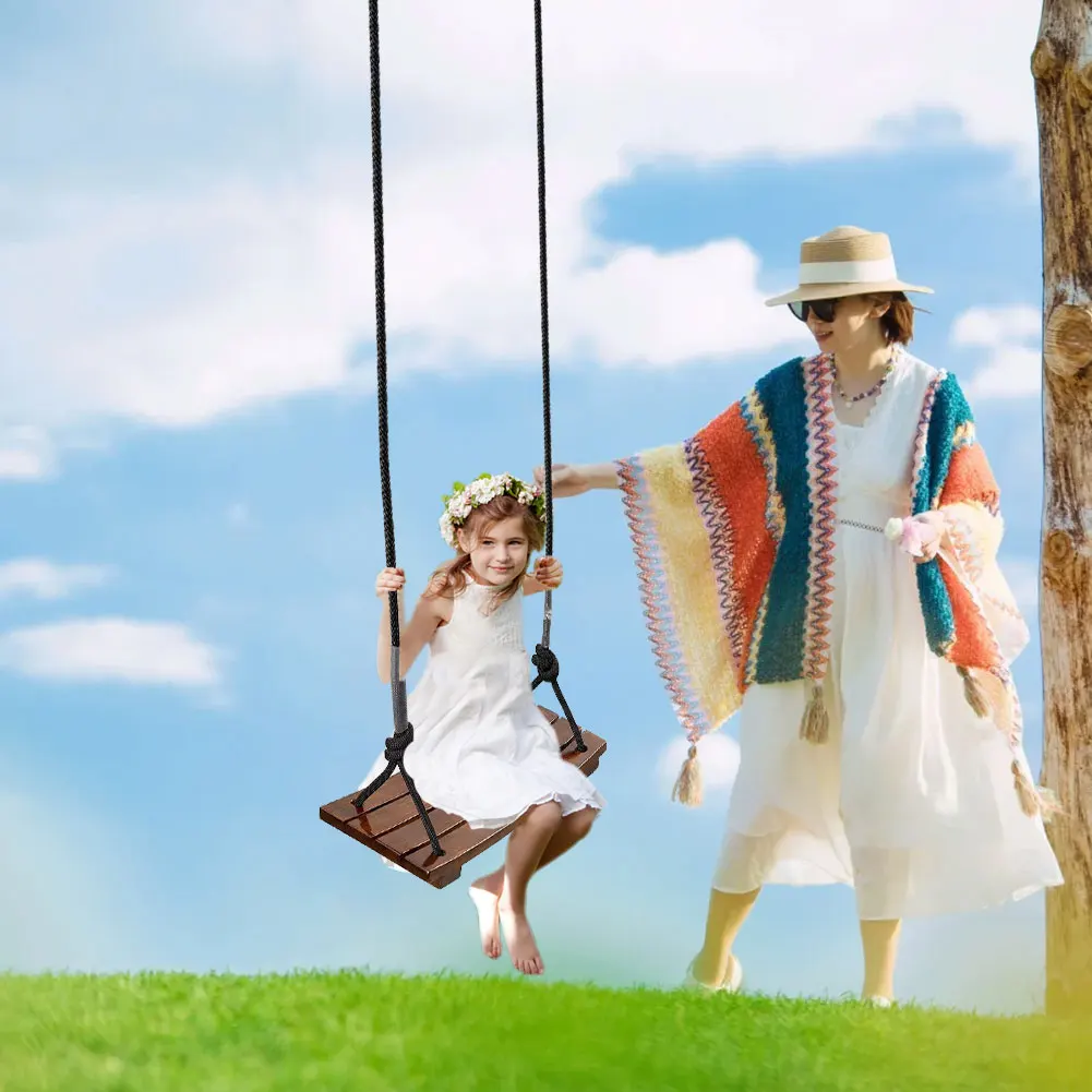 Solid Wood Swing One Seat Simple Swing 440Lbs Wooden Swing Seat Outdoor Rope Swing Adjustable Rope Length Curved Swing for Kids