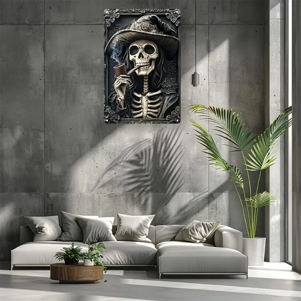 لوحة ألومنيوم SkeletonWitchSign Skeleton Witch - ديكور حائط معدني مربع مع فتحات محفورة مسبقًا، ديكور بار/مطبخ #4