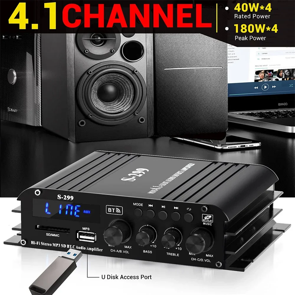 Audio Amplifier S-299 Channel-4.1 Digital AMP Bluetooth 5.0 Rated Power 40Wx4 with Remote for Home Theater Car RVs steamboat