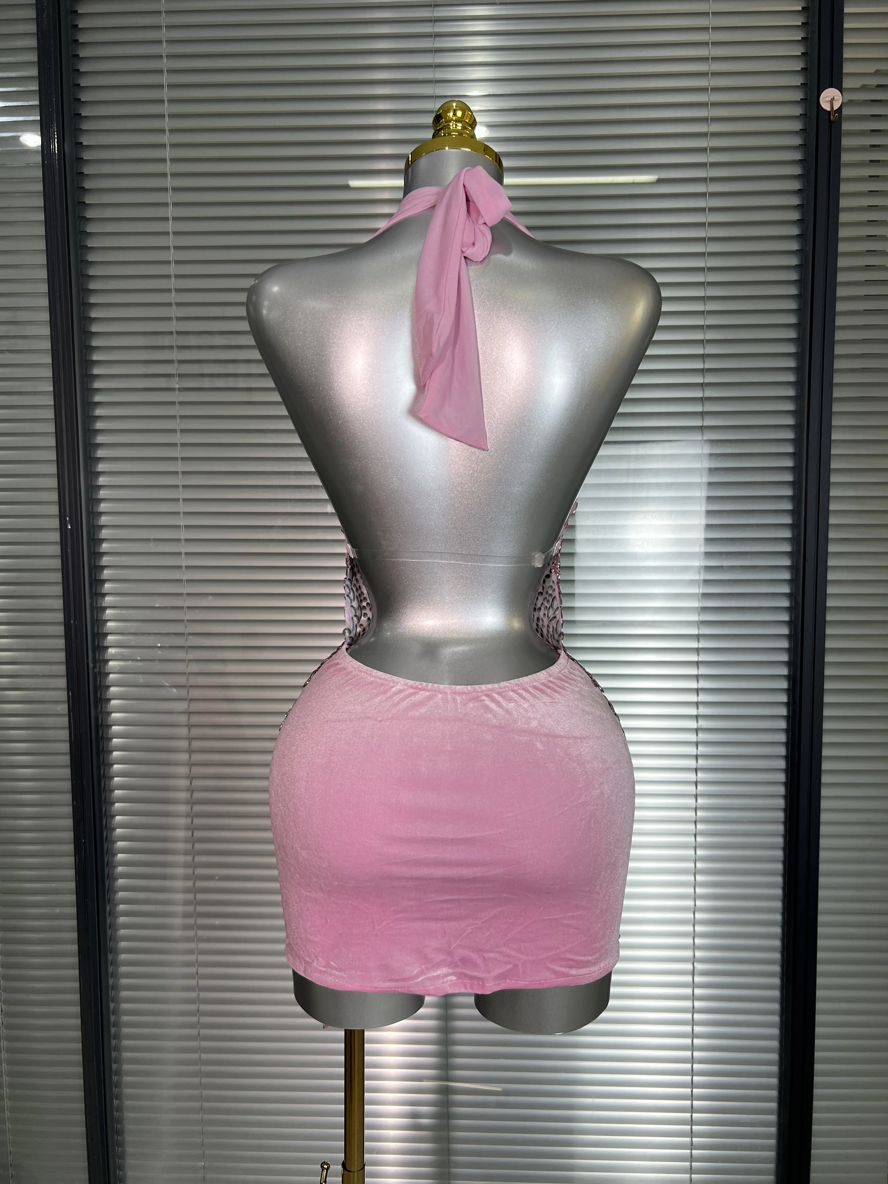 Celebrity New Women Sexy Pink Mesh Halter Stage Performance Costume Dancer Singer Night Club Mini Party Dress