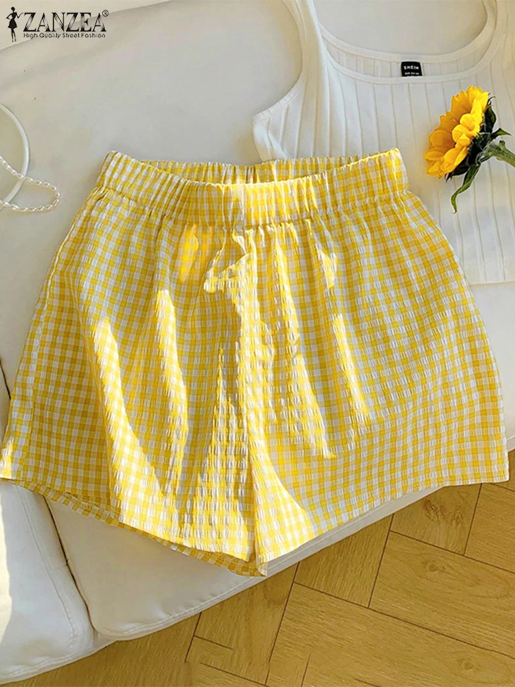 ZANZEA Pantaloncini scozzesi Donna Casual Pantaloni estivi larghi 2025 Abbigliamento da spiaggia alla moda Tasche in vita elastiche larghe Pantaloni corti oversize