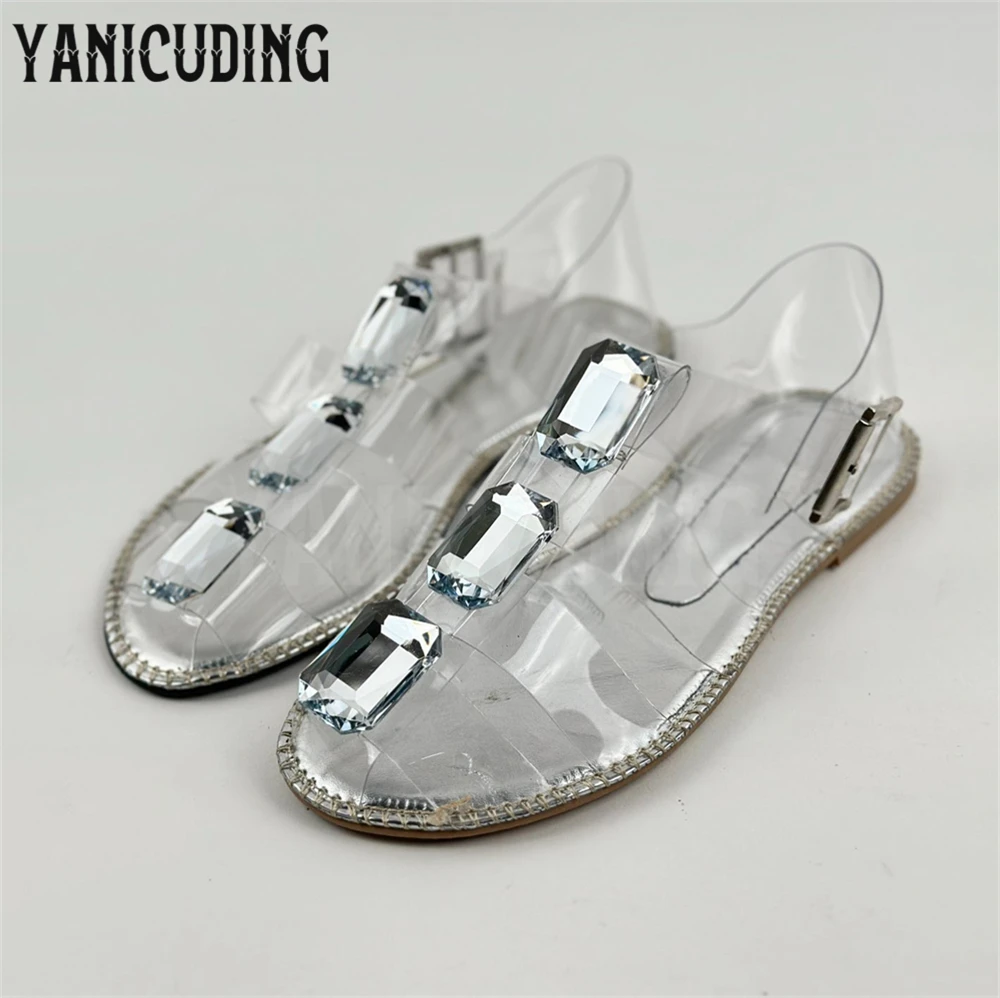 Multiple Silver Gemstone Flat Gladiators Transparent Pvc Luxury Summer Sandals Silver Patent Leather Ankle Buckle Women's Flats