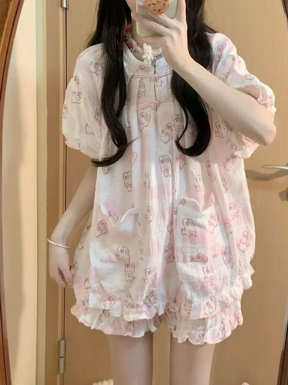 Kawaii Lolita Bunny Print Pajamas Set Women Cute Short Sleeve Tops Shorts Suit Sweet Princess Casual Homewear Loungewear
