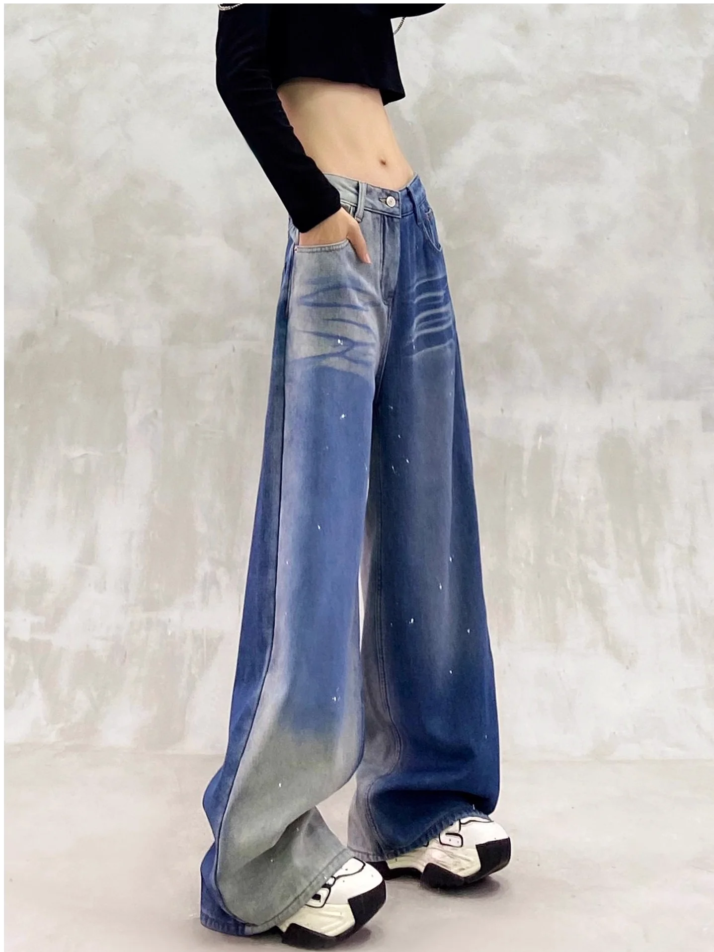 

Retro adient Color Design High Waist Loose Slimming Straight Leg Wide Leg Jeans Casual Sle Multi-ket High Waist Loose Fit