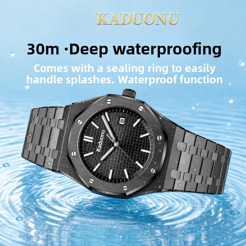 Luxury business-style men's quartz watch, featuring an octagonal design, solid steel band, waterproof construction, fashionable