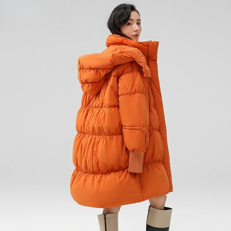 الشتاء الدافئة مقنعين البرتقال منتصف طول أسفل سترة الإناث 2025 جديد شعبية امرأة فضفاضة طويلة الأكمام سميكة الأبيض بطة أسفل معطف