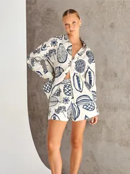 Zomer Print Tweedelige Set Vrouwen 2024 Nieuwe Lange Mouw Single Breasted Shirts Shorts Sets Fashions Party Strand Vakantie MsChuh