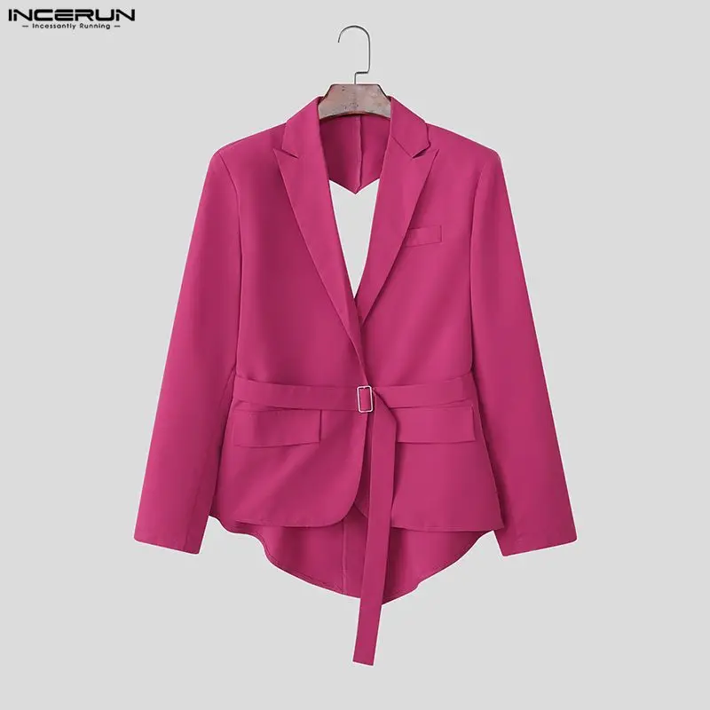 

INCERUN Men Blazer Solid Color Lapel Long Sleeve Hollow Out Male Suit Streetwear Backless Fashion Casual Thin Coats With Belt